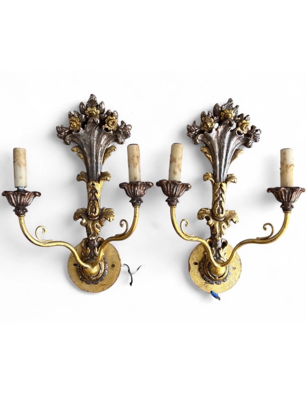 Pair Antique Carved Italian Gilt Gibson & Gibson 2-Arm Wired Wall Sconces